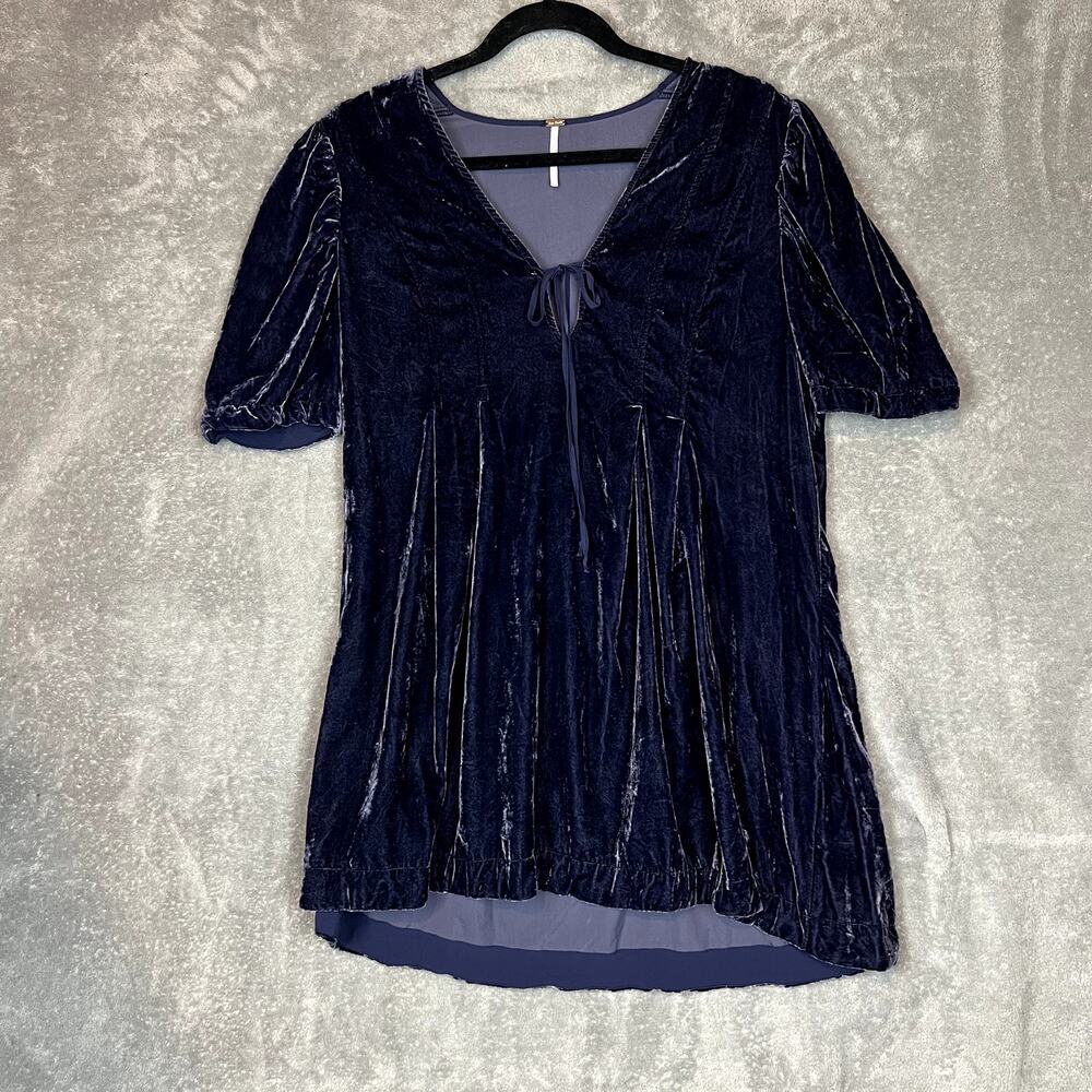 Free People Adele‎ Velvet Tunic Top Womens L Navy Blue Luxe Vintage Style Boho
